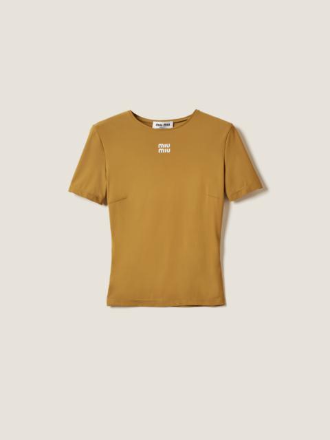 Miu Miu Ribbed jersey top T-shirt 関税込 Tシャツ Natural Ribbed Jersey Top With Embroidered Logo | Miu Miu