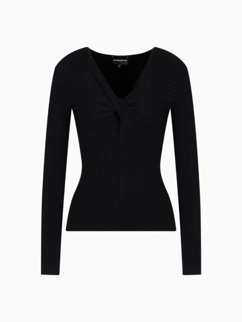 Link-stitch viscose-blend jumper with crossover V neckline