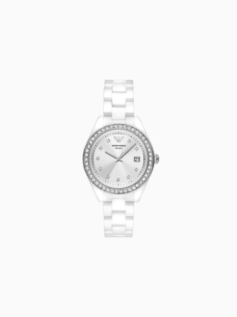 EMPORIO ARMANI THREE-HAND DATE WHITE CERAMIC WATCH
