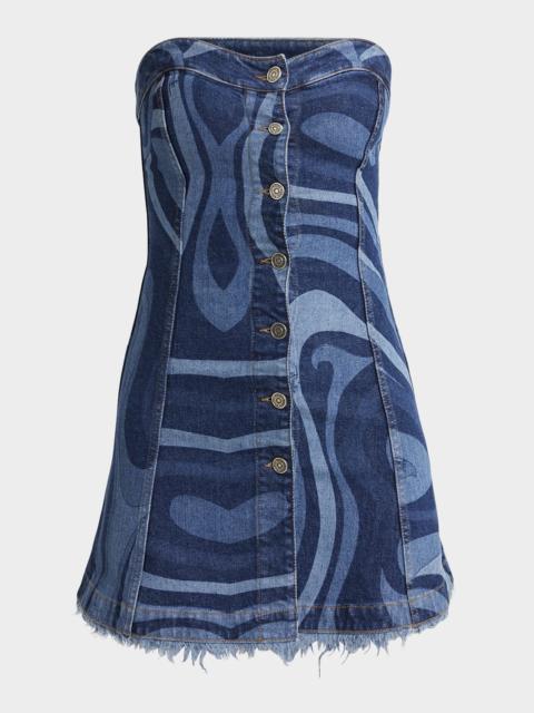 PUCCI Strapless Marmo-Print Denim Button-Front Mini Dress