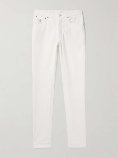 Brunello Cucinelli Straight-Leg Logo-Embroidered Cotton-Gabardine Trousers