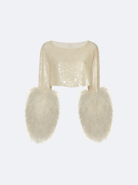 Sequin Cropped Top With Feathers