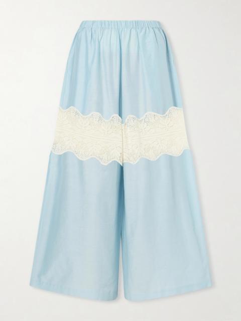ALIX OF BOHEMIA Margie Sky Lace-trimmed Cotton And Silk-blend Wide Leg Pants