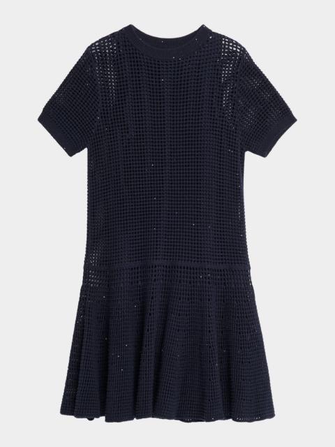 Brunello Cucinelli Pailette Open Knit Drop-Waist Short-Sleeve Mini Dress