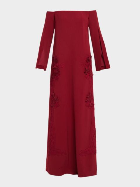 LELA ROSE Floral Organza Embroidered Off-The-Shoulder Crepe Gown
