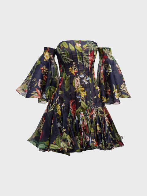 Off-The-Shoulder Floral And Fauna Gazar Mini Dress