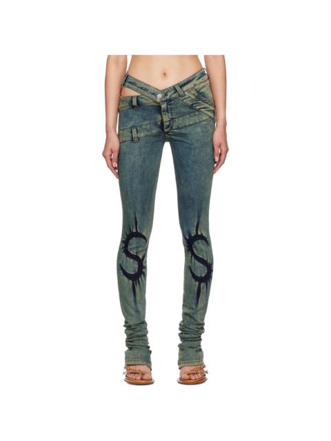 MASHA POPOVA Blue Skinny Dollar Sign Joggins Back Zips Jeans