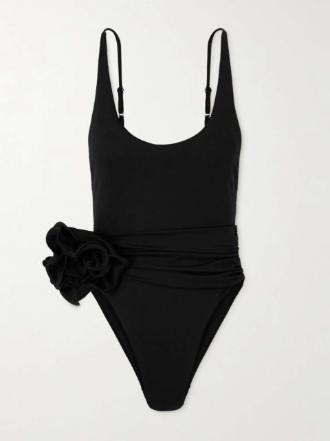 MAGDA BUTRYM Appliquéd ruched swimsuit Black