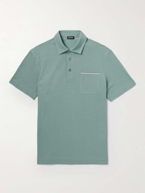Leather-Trimmed Cotton-Piqué Polo Shirt