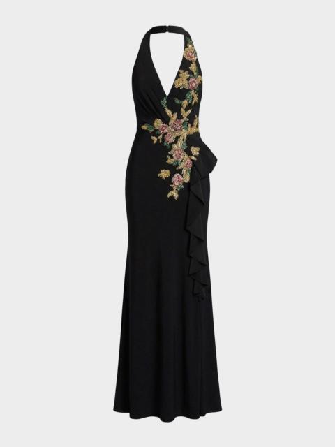 MAC DUGGAL Floral Beaded Plunging Halter Gown