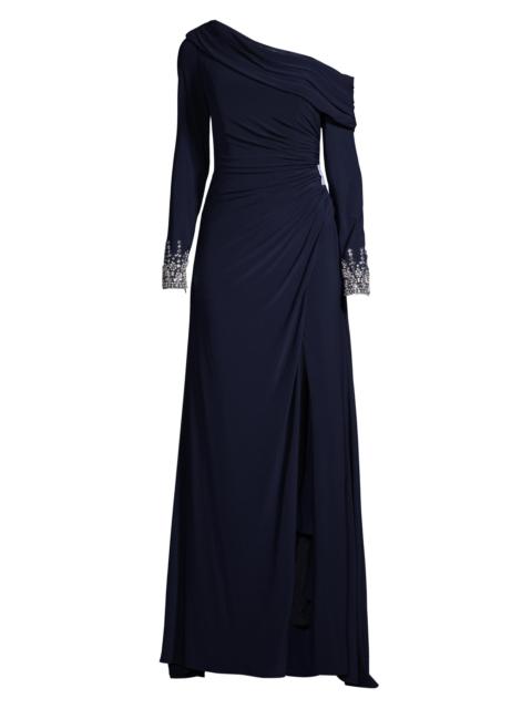 MAC DUGGAL Women's One-Shoulder Jersey Ruched Side Slit Gown - Midnight