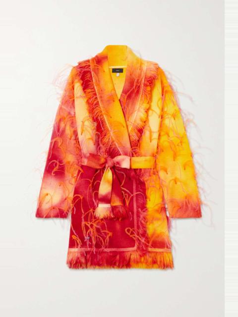 Sunset belted feather-trimmed tie-dyed wool cardigan