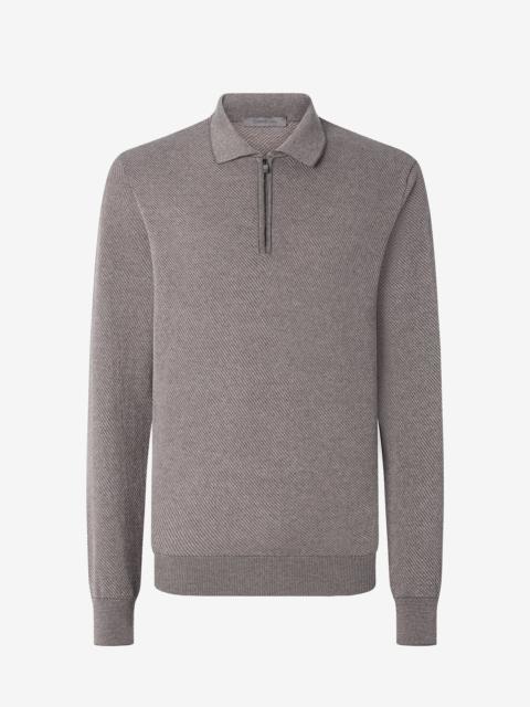 CORNELIANI Grey/beige long-sleeved zip-up polo shirt made from pure extra fine wool