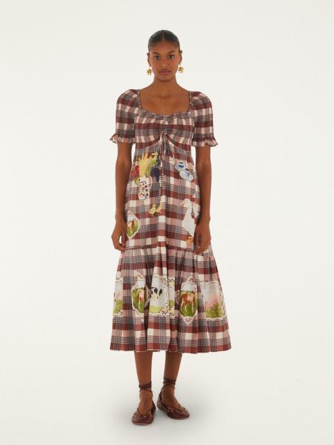 FARM RIO Brown Country Table Tartan Smocked Maxi Dress