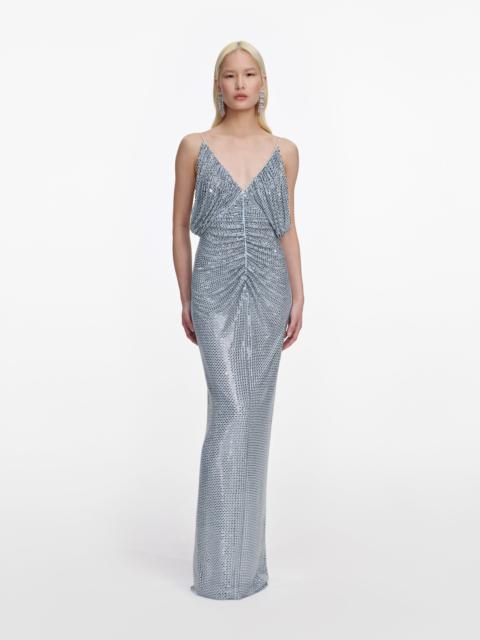 self-portrait Blue Rhinestone Mesh Maxi Dress