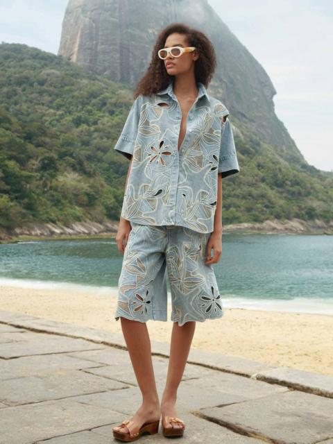 FARM RIO Denim Sea Desire Embroidered Bermuda Shorts
