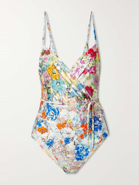 Clover wrap-effect floral-print swimsuit