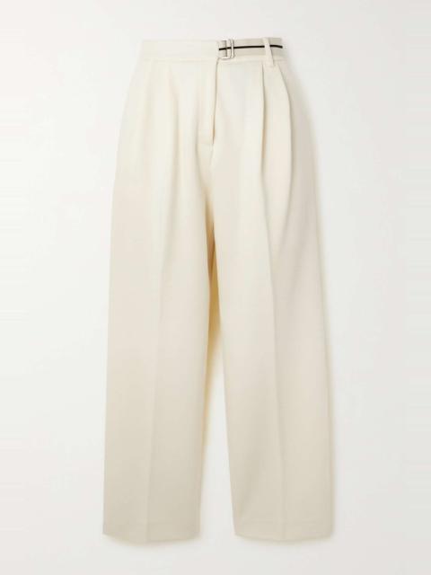 Cropped belted webbing-trimmed pleated cotton-blend straight-leg pants