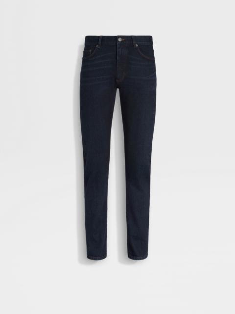 DARK BLUE RINSE-WASHED STRETCH COTTON ROCCIA JEANS