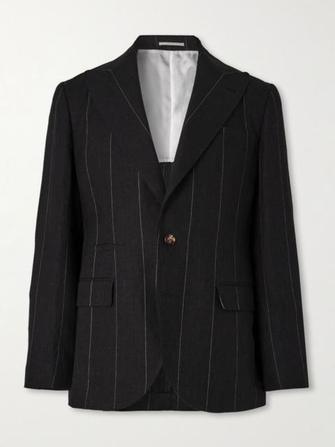 Brunello Cucinelli Pinstriped Linen Suit Jacket Black