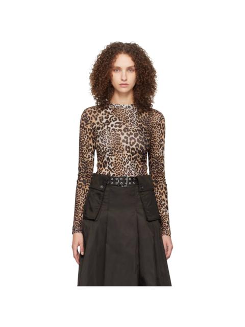 GANNI Brown & Black Leopard Printed Mesh Long Sleeve T-shirt