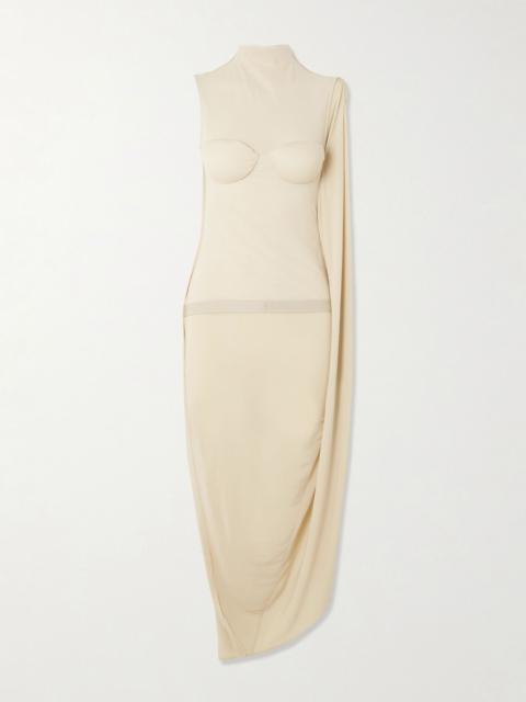 Jean Paul Gaultier Asymmetric draped appliquéd mesh and stretch-jersey dress Beige