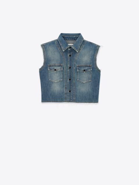 SAINT LAURENT cropped sleeveless shirt in dusty medium vintage blue denim