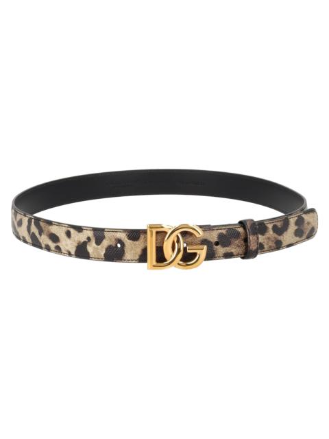Dolce & Gabbana Cintura in Pelle di Vitello Lucida Stampa Leo con Logo DG