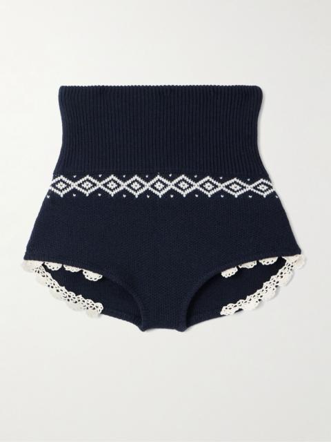 MAGDA BUTRYM Crochet-trimmed ribbed wool-jacquard shorts Navy