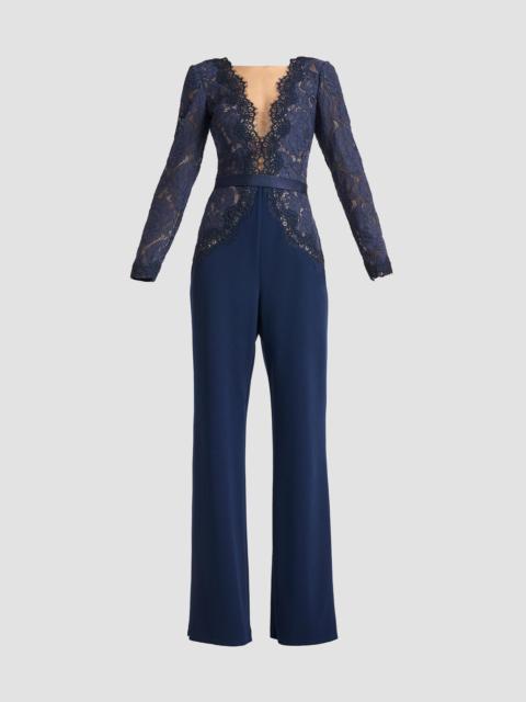 TADASHI SHOJI Women's Lace Bodice Crepe Jumpsuit - Navy Beige