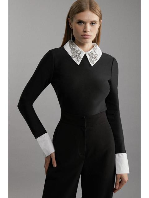 KAREN MILLEN Figure Form Bandage Embellished Collar Knit Top