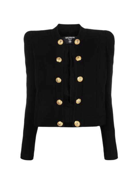 button-embellished collarless jacket