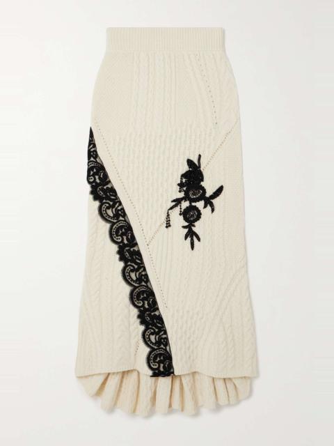 Erdem Lace-trimmed embellished cable-knit wool-blend midi skirt