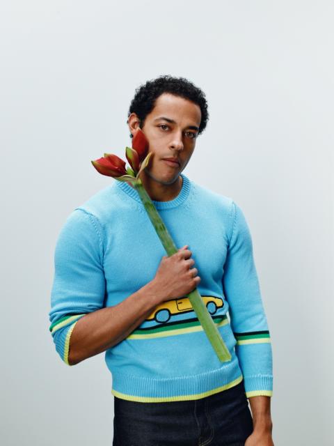 JW Anderson MENS CROCHETED CAR JUMPER IN SKY BLUE