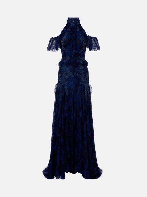 COSTARELLOS Embellished halterneck lace gown