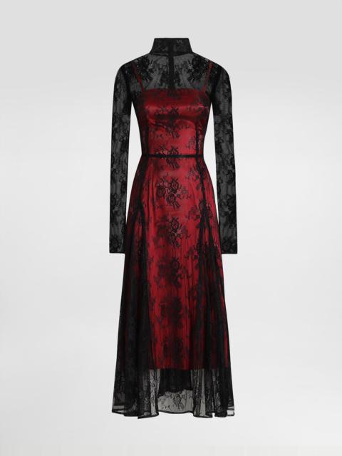 Dolce & Gabbana Lace calf-length dress with high neck and contrasting lining