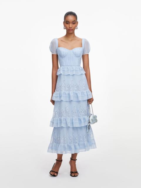 self-portrait Blue Chiffon Short Sleeve Midi Dress