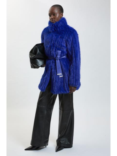 KAREN MILLEN Textured Faux Fur Belted Collar Short Coat