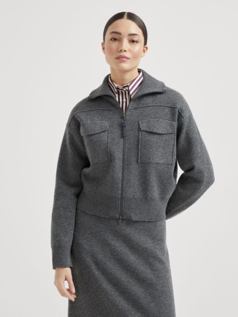 Cashmere double knit cardigan with shiny zipper pull