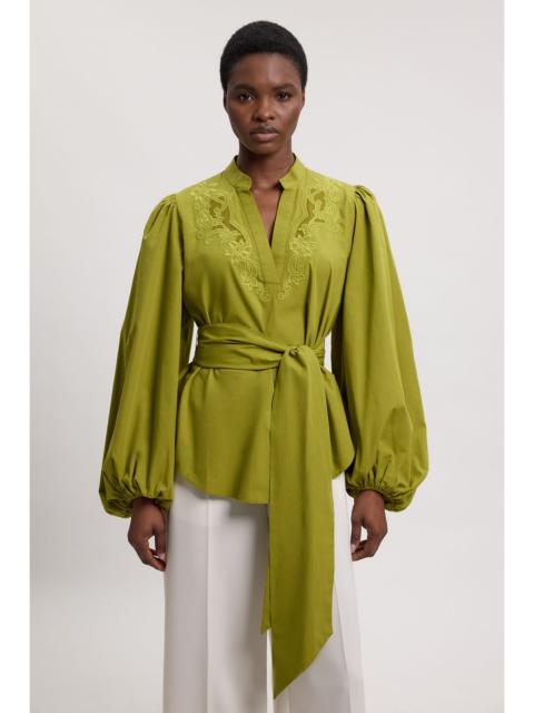 KAREN MILLEN Poplin Embroidered Detail Belted Blouse
