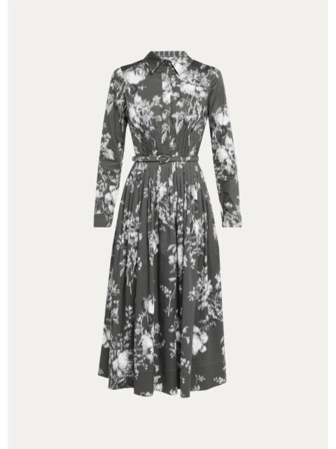 Oscar de la Renta Chine Peony Print Cotton Belted Midi Shirtdress