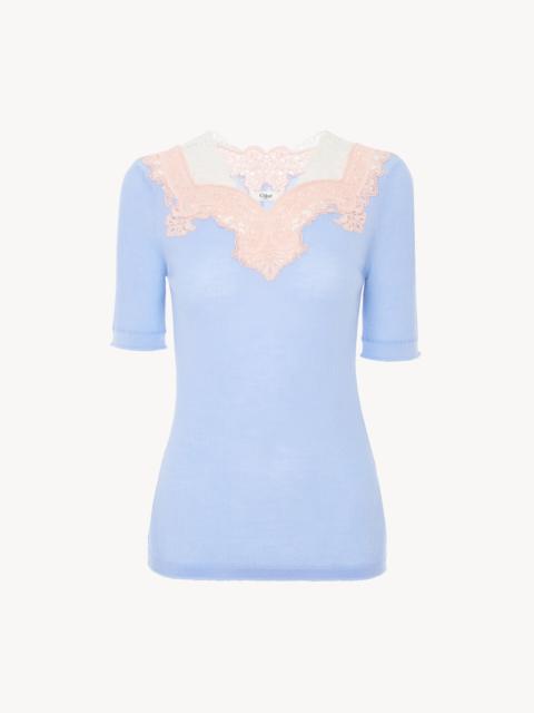 Chloé ELBOW-SLEEVE FITTED SWEATER IN A WOOL KNIT & LACE