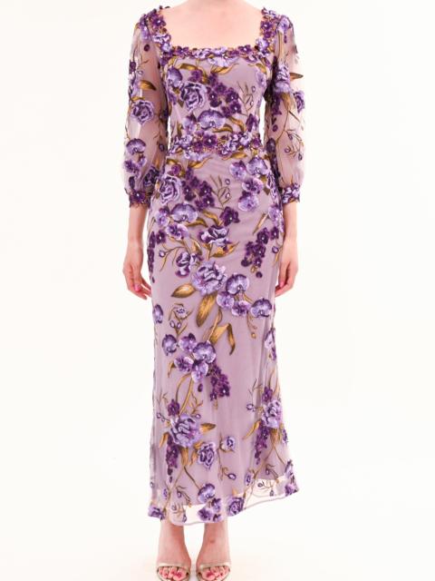 Marchesa BRONIX BOTANICALS LONG SLEEVE MIDI DRESS
