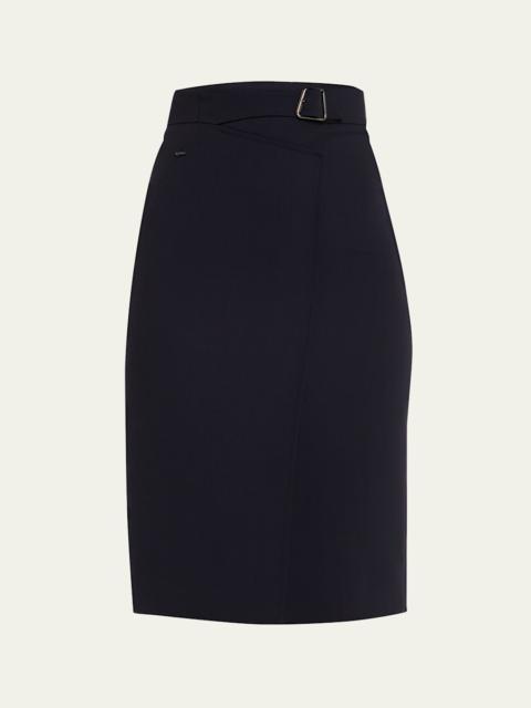 AKRIS Trapezoid Buckle Wrapped Wool Pencil Skirt