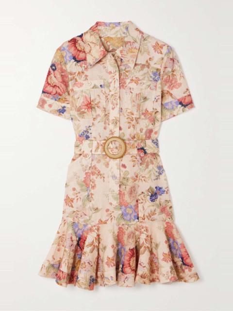 August belted ruffled floral-print linen mini dress