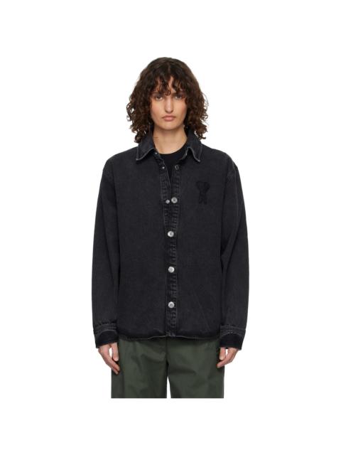 AMI Paris Black Cotton Knitted Ami de Coeur Denim Overshirt