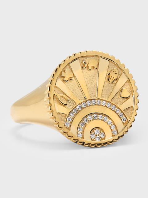 SYDNEY EVAN 14K Yellow Gold Small Pave Diamond Luck Coin with Rays Ring
