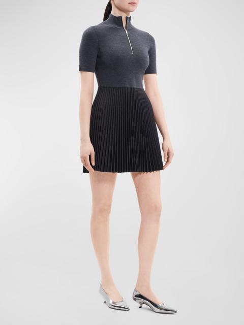 Theory Short-Sleeve Pleated Knit Combo Mini Dress