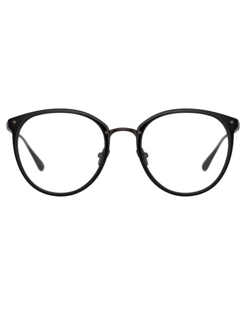 LINDA FARROW CALTHORPE OVAL OPTICAL FRAME IN BLACK AND NICKEL