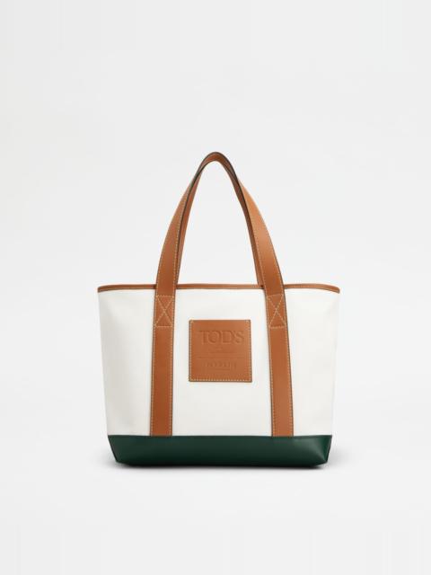 Tod's SHOPPING BAG IN CANVAS AND LEATHER SMALL - WHITE, GREEN, BROWN